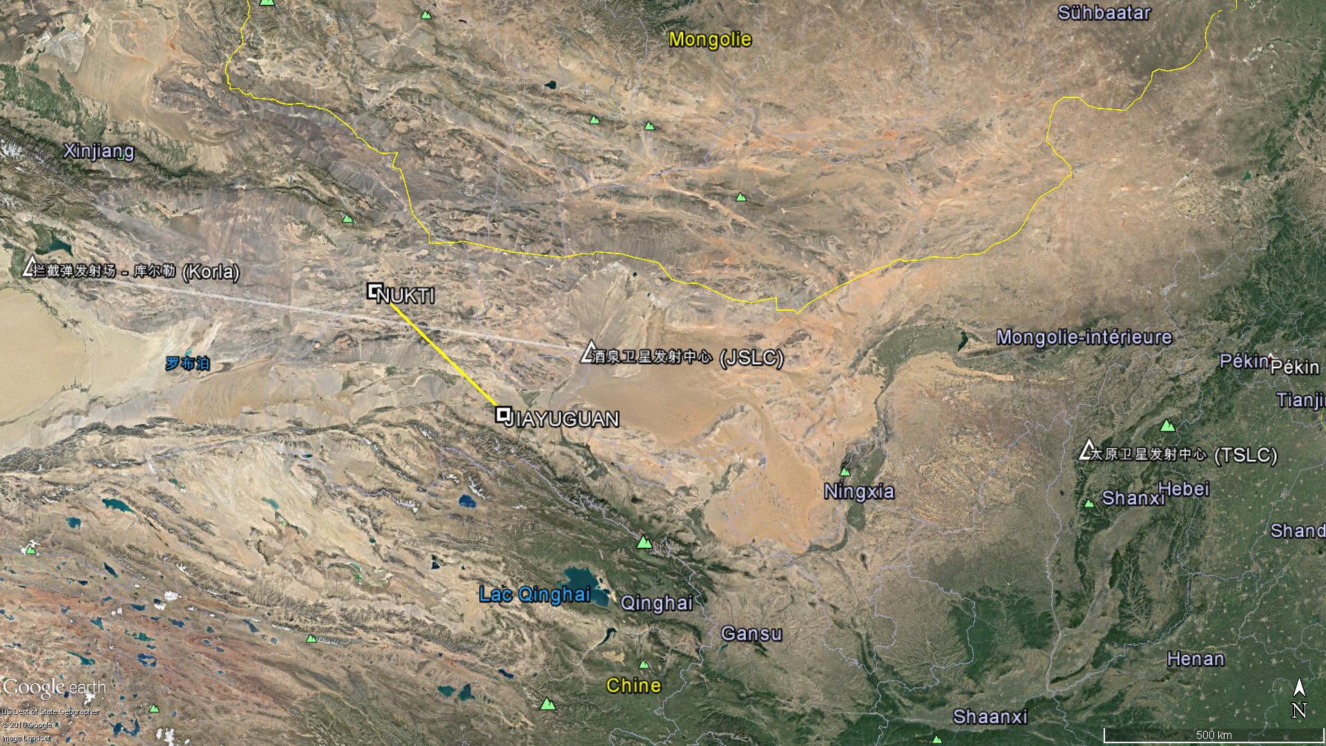 La trajectoire du tir d'essai, de JSLC vers Korla, 1 200 kilomètres