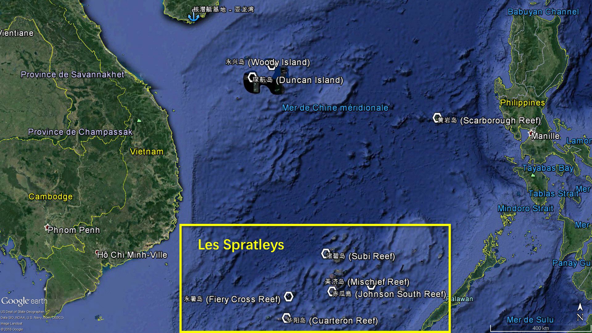 La localisation des principaux îlots chinois dans les Spratleys